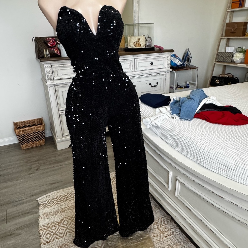 HYFVE Black Sequin Jumpsuit with Sweetheart Neckline